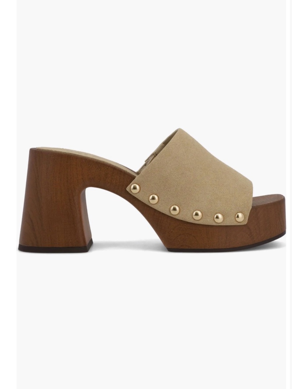 MIA Emmerie Heeled Mule Wooden Sandal in a sand-colored vegan suede s(7)